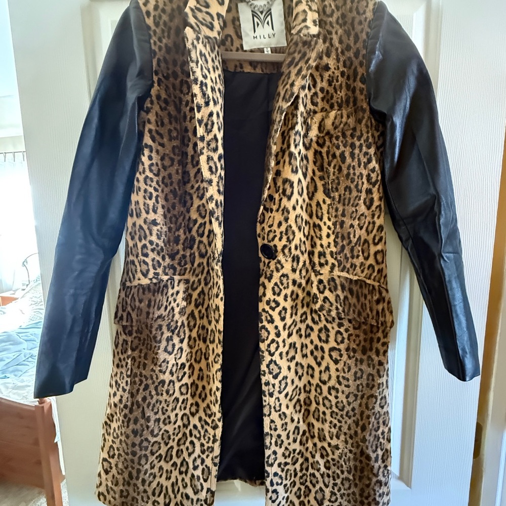 Milly Animal Print Teddy Jacket with Black Leather Sleeves